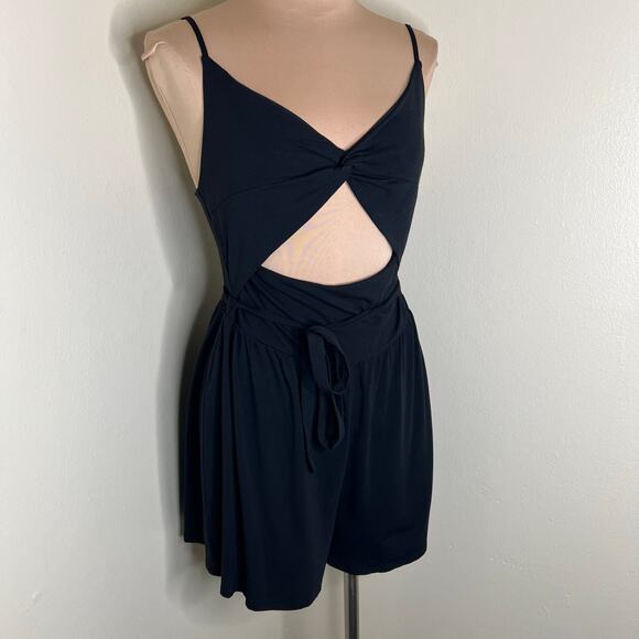 LOFT Romper Medium Womens Black Cut-Out Jersey Knit Twist V-Neck Belted Smocked - Picture 5 of 9